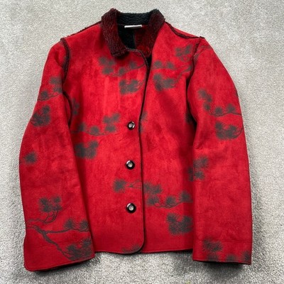 Robert Kitchen Faux Suede Jacket Womens Medium Red Pine Branch Print Shearling