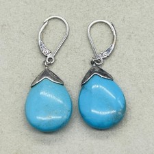 Sterling Silver 925 Turquoise Teardrop Dangle Earrings Womens Leverback 1.5in 6g