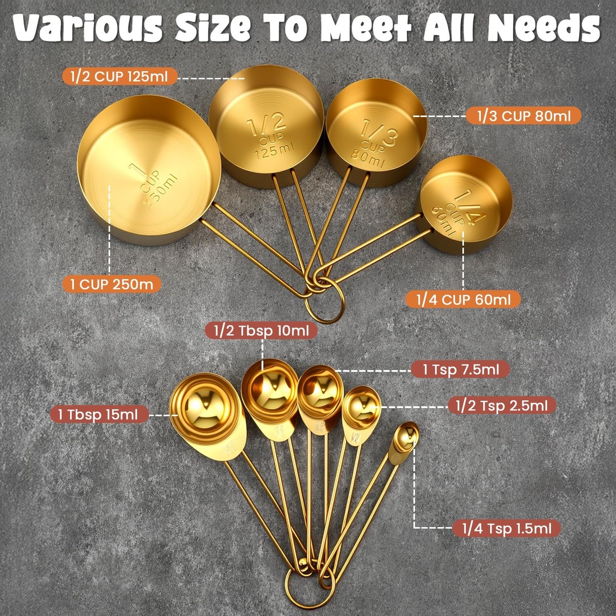 Gold Measuring Cups And Spoons Set Stainless Steel Stackable Metal