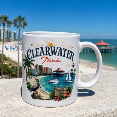 Clearwater Florida Coffee Mug 11oz Beach Souvenir Gift Ceramic Cup Made in USA