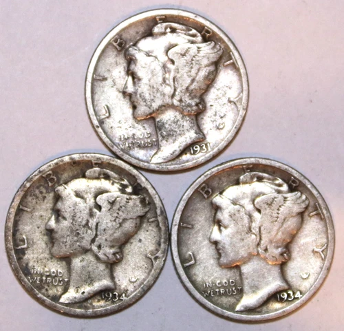 (3) Mercury Dimes - 1931P(Fine) 1934P(Fine) 1934D(VG) - #2395AT