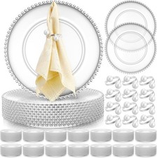 50 Set Clear Charger Plates Bulk Beaded Plastic Charger Plates 13 Inch, Napkin