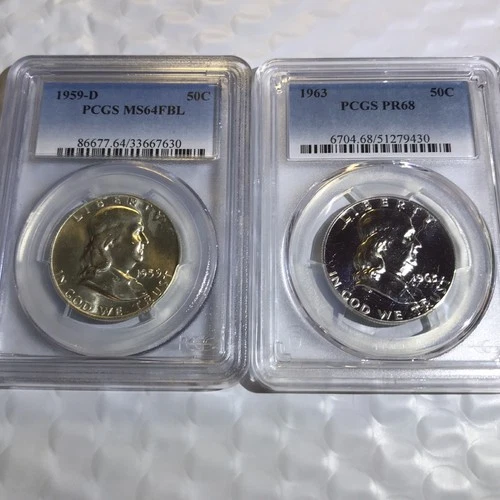 Set of 2 Franklins 1959-D MS64FBL & 1963 PR68
