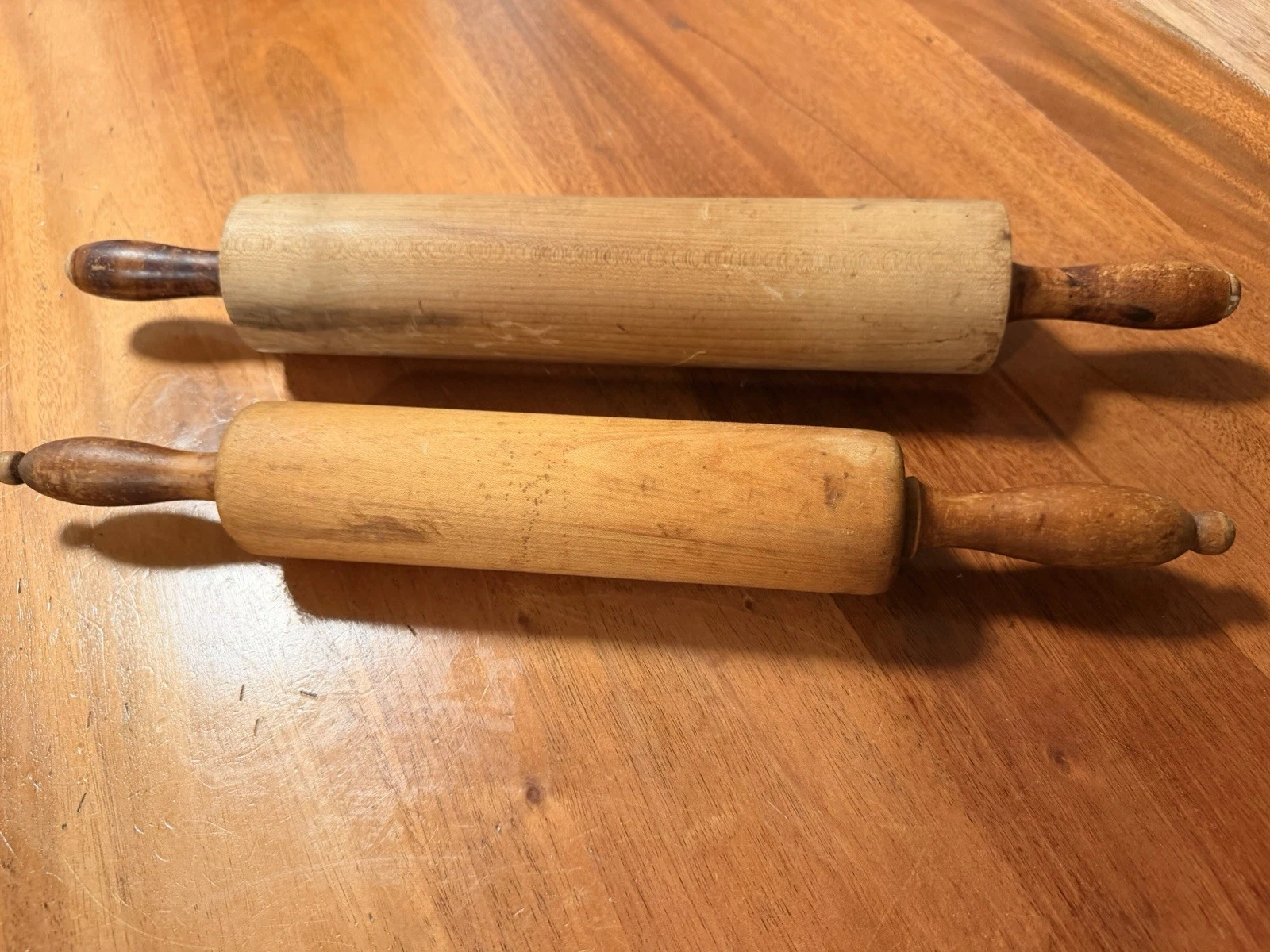 2 Vtg Primitive Wooden Rolling Pin Lot Rolling Handle Farmhouse Decor 17” & 19”