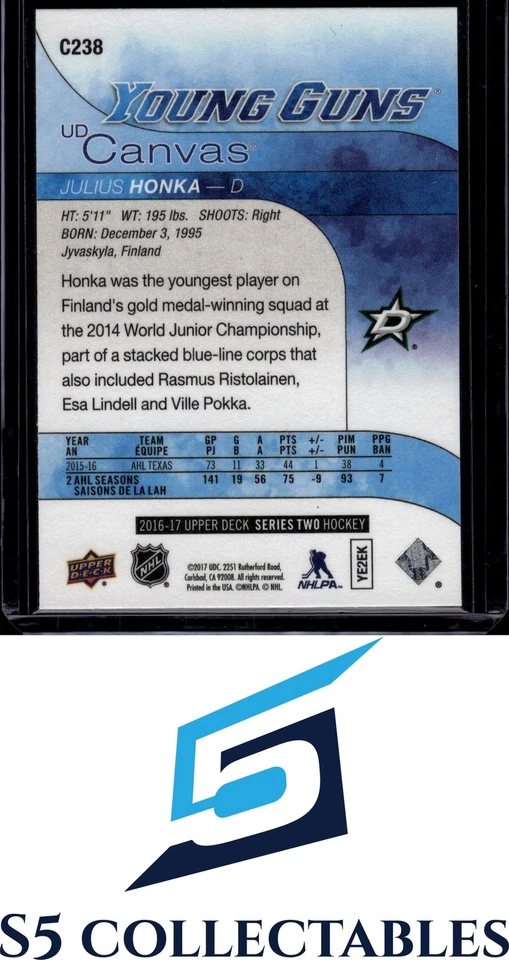 2016-17 Upper Deck #C238 Julius Honka UD Canvas - Image 2 of 2