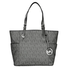 MICHAEL KORS Jet Set Monogram Black PVC Canvas & Leather Logo Medium Tote