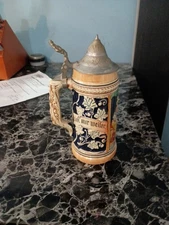 German Beer Stein Pitcher Antique Pewter Lidded, 13" Tall