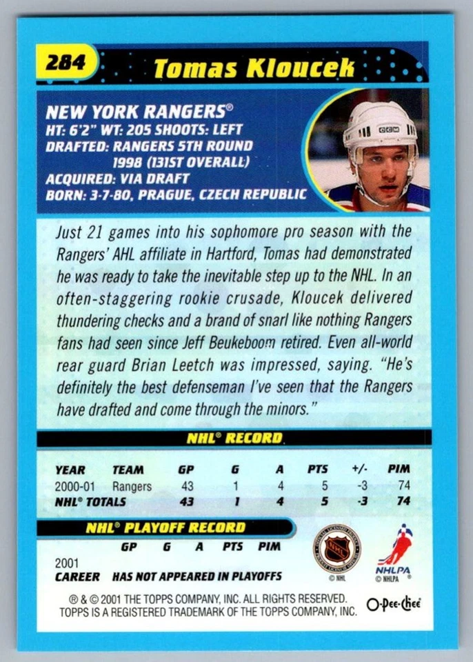2001-02 Topps O-Pee-Chee Tomas Kloucek New York Rangers #284 - Image 2 of 2