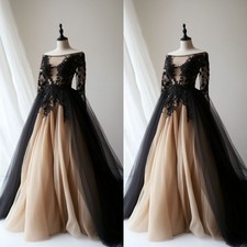 Gothic Champagne and Black Wedding Dresses Boat Neck Lace Applique Bridal Gowns