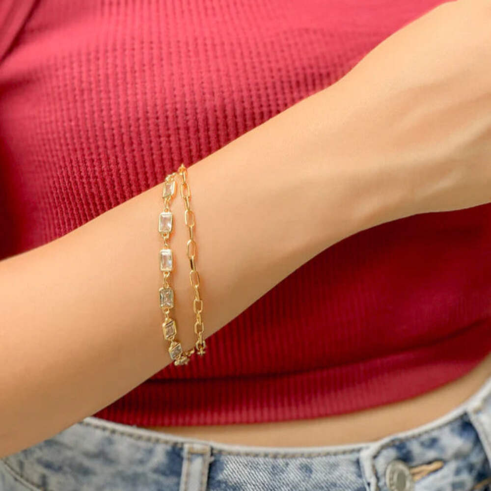 Two-Layer Baguette-Cut Crystal Bracelet - 18K Gold Plated | eBay