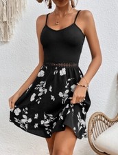 SHEIN Frenchy Floral Print Guipure Lace Insert Cami Dress Size M