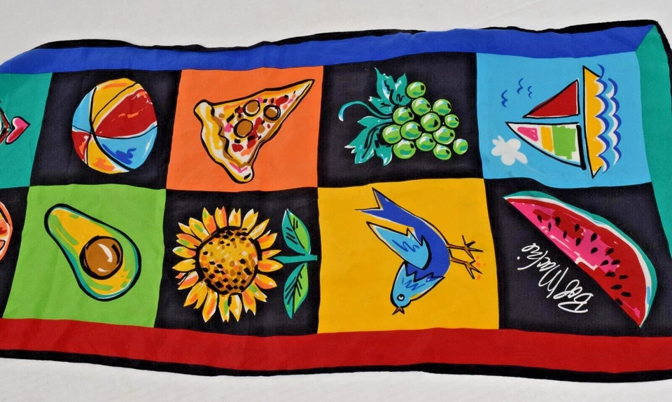 Vintage Silk Scarf Bob Mackie 90s Fun Summertime Scene Pics Wearable Art - Image 4 of 4
