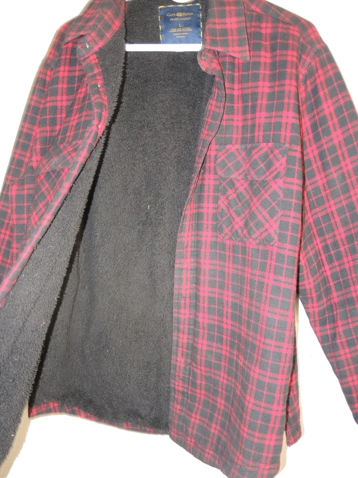 Club Room Shirt Jacket Men’s L red Plaid Fleece Lined  2 Pockets Cotton - Image 3 of 4
