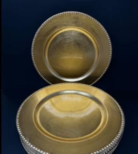 Beaded Laquered Charger Plates 13” High End Formal Brushed Gold Lot Of 4 Elegant