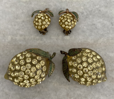 Vtg HTF Forbidden Fruit Lemon Austrian Jewels Earrings Brooch Pins Set 40 s~50 s