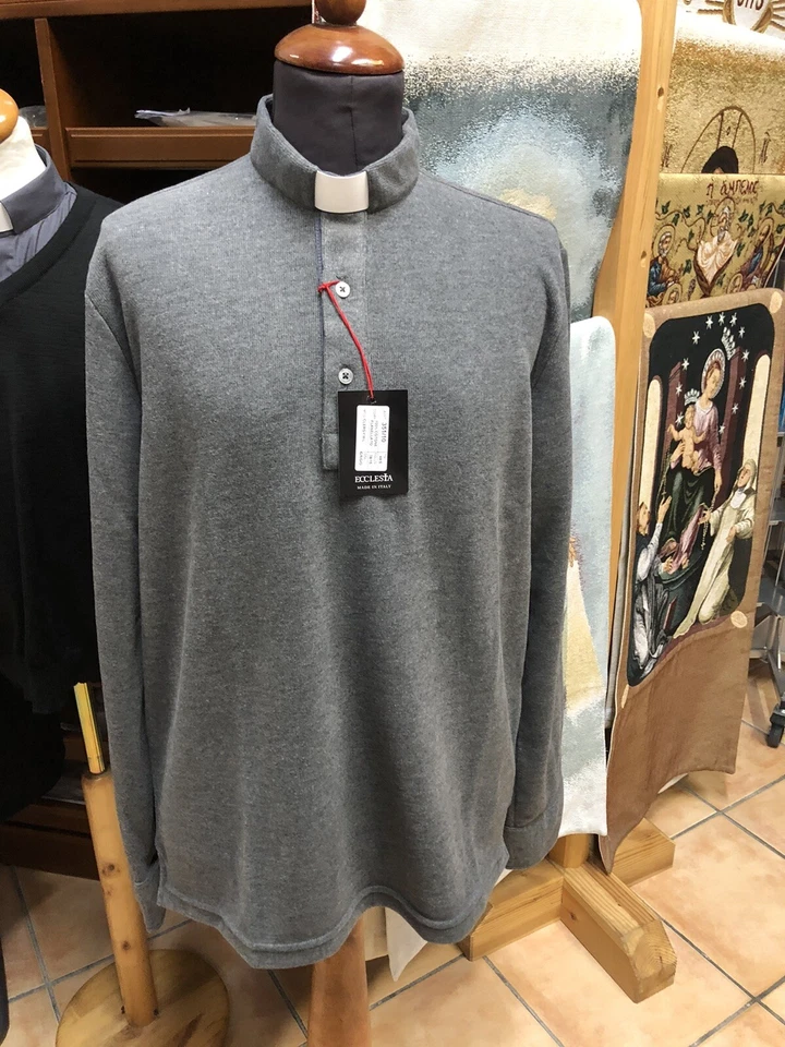 POLO MAGLIONE PRETE SACERDOTE 100 % Cotone flanella Grigio Made in Italy  nuova - Immagine 2 di 4