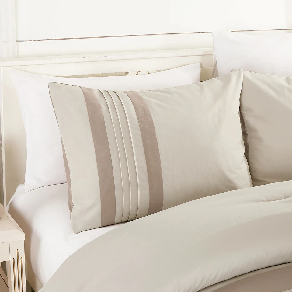 Luxury 7-Piece Taupe Bedding Set Geometric Embroidered Striped Comforter Set - Image 3 of 4