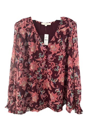 LOFT NWT Paisley Smocked V-Neck Blouse Lined Covered Button XL - Picture 5 of 11
