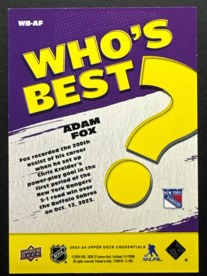 2023-24 UD Credentials Adam Fox Who's Best #WB-AF New York Rangers - Image 2 of 2