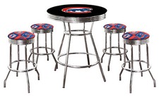 MLB 5PC Set Black Chrome Bar Table Team Logo Decal Fabric Seats Glass Top Option