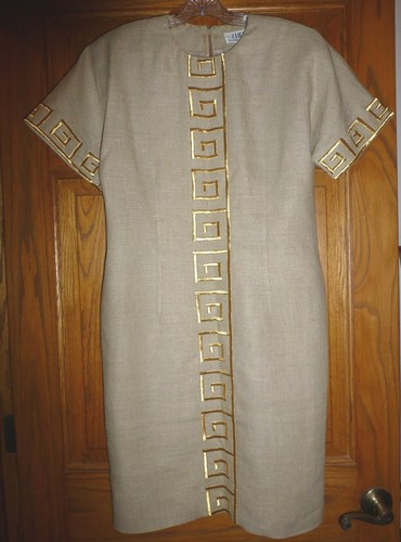 Vintage 80's Chetta B Neutral Linen Dress w/Gold Metallic Embroidery, Sz.10, USA - Picture 5 of 5