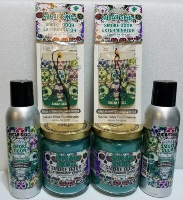 Smoke odor Sugar Skull Two 13 oz Jar Candles Two 7 oz Spray & Two Car Hangers