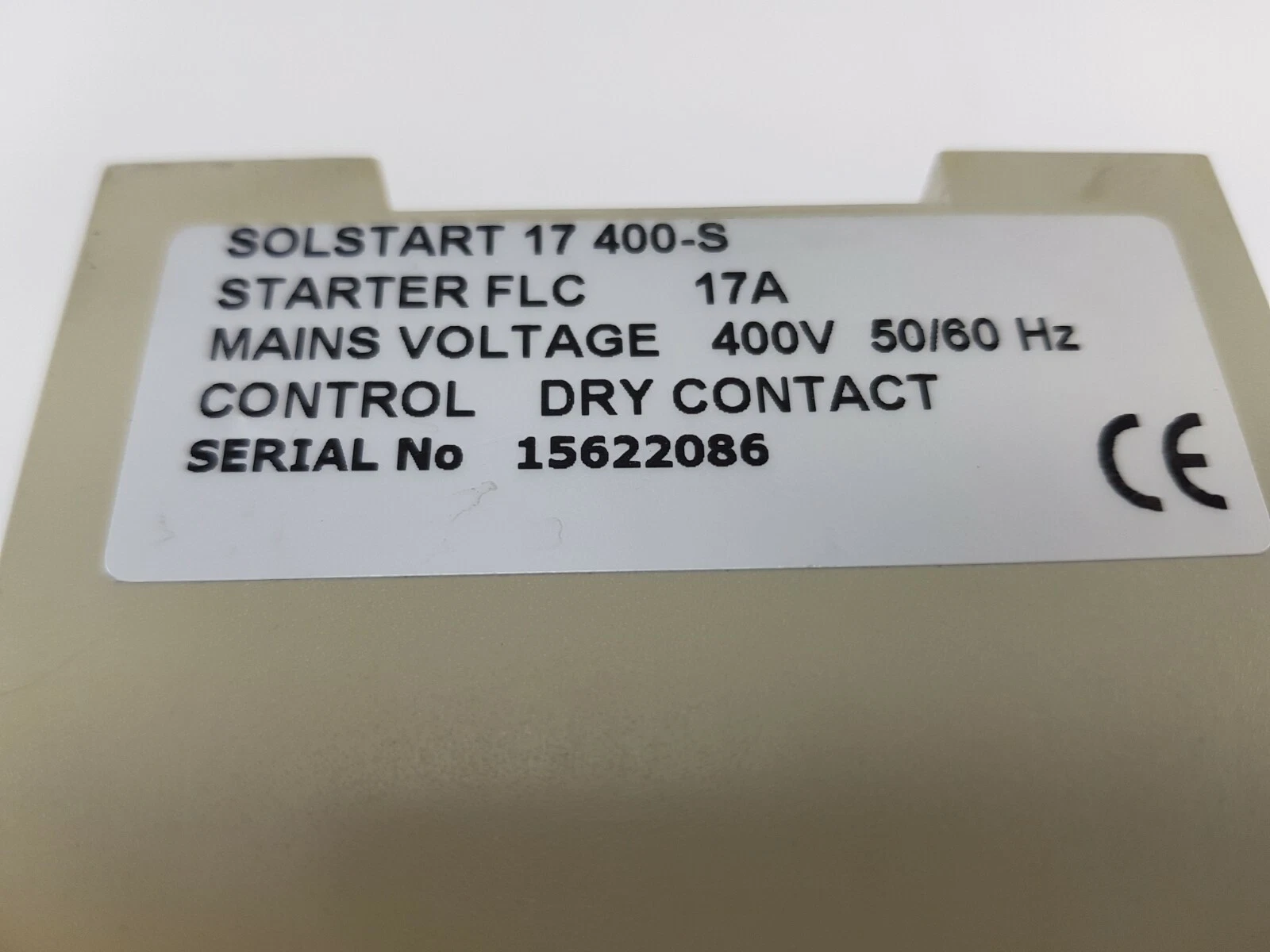 SOLSTART 17 400-S label: starter FLC 17 A, mains voltage 400 V 50/60 Hz, control dry contact