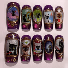48Pcs Long Taper Purple Black Cat Press on Nails Halloween Cool Stylish Nails