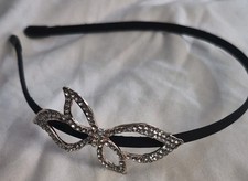 Vintage Black Silver Tone Rhinestone Butterfly Accent Headband for Women Metal