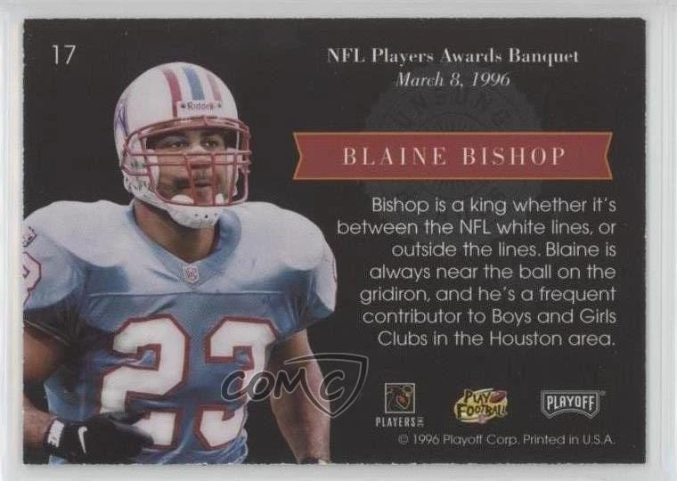 1996 Playoff Absolute NFL Players Awards Banquet Blaine Bishop #17 Rookie RC - Image 2 of 2