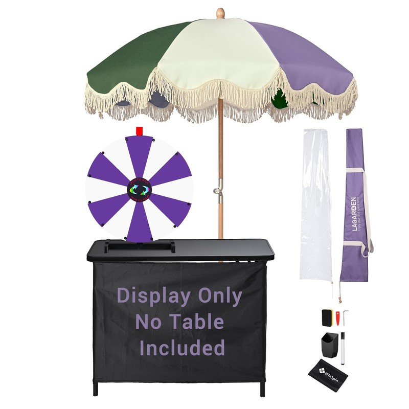WinSpin 24" Prize Wheel Tabletop with Palm Springs Purple Green Fringe Umbrella