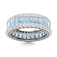 3MM Square Cut Blue Aquamarine 925 Sterling Silver Three Row Eternity Women Ring