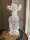 Vintage FENTON OPTIC TRELLIS VASE PINK FLOWERS RUFFLE TOP By Artist Susan Bryan