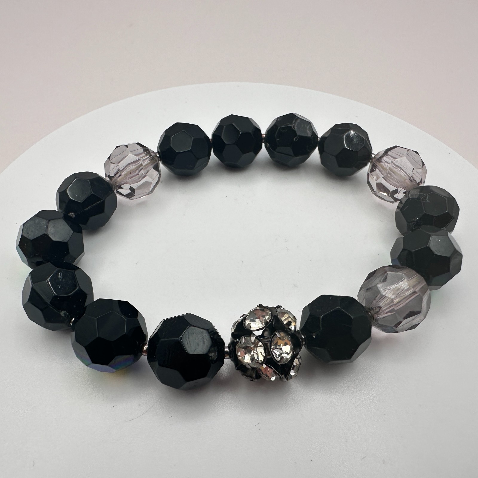 Vintage 90s Black Glass Bead Stretch Bracelet Aurora Borealis Disco Ball Jewelry