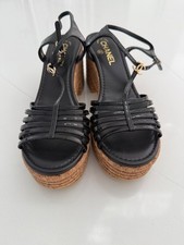 CHANEL Black Patent leather Cork Heel Platform Wedges CC Logo Sandals