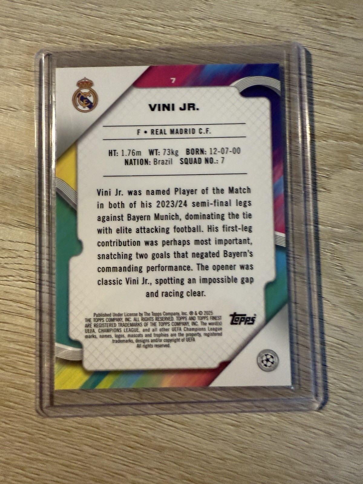 2024-25 Topps Finest Uefa Club Competitions - Vinicius Junior #7 Blue /75 view 2