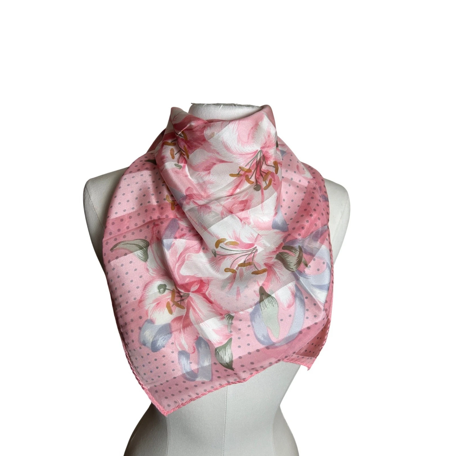 Pink Floral Lily 100% Silk Scarf Polka Dot Scarf Romantic Chic Coquette Summer