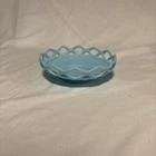 IMPERIAL GLASS -Laced Edge Milk Glass- 6" Shallow Round Bowl. Blue Vtg.