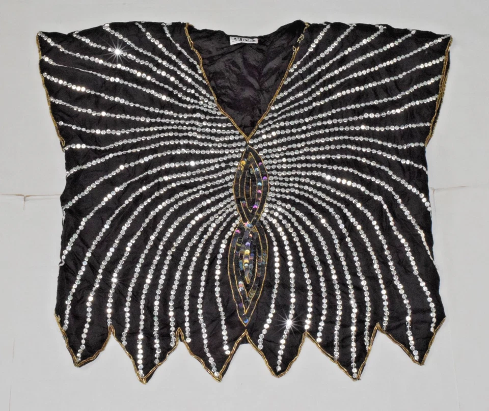 Винтажный шелк верхняя юбка комплект Тина размер L 80-х черный бабочка серебро золото блестки - Изображение 4 из 4