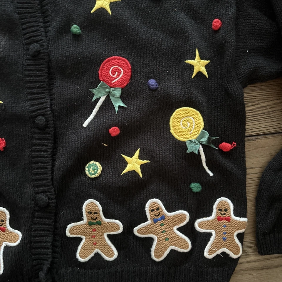Vintage Talbots Kids Girls XL Black Gingerbread Man Holiday cardigan Sweater - Image 3 of 4