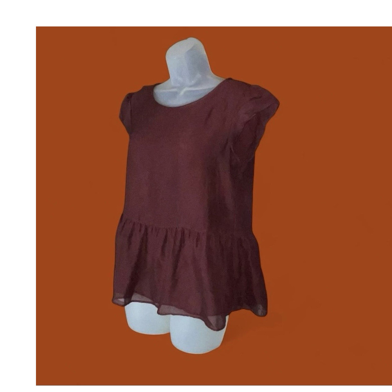 Ann Taylor Factory Petite Burgundy Chiffon Ruffle Tunic Blouse SP
