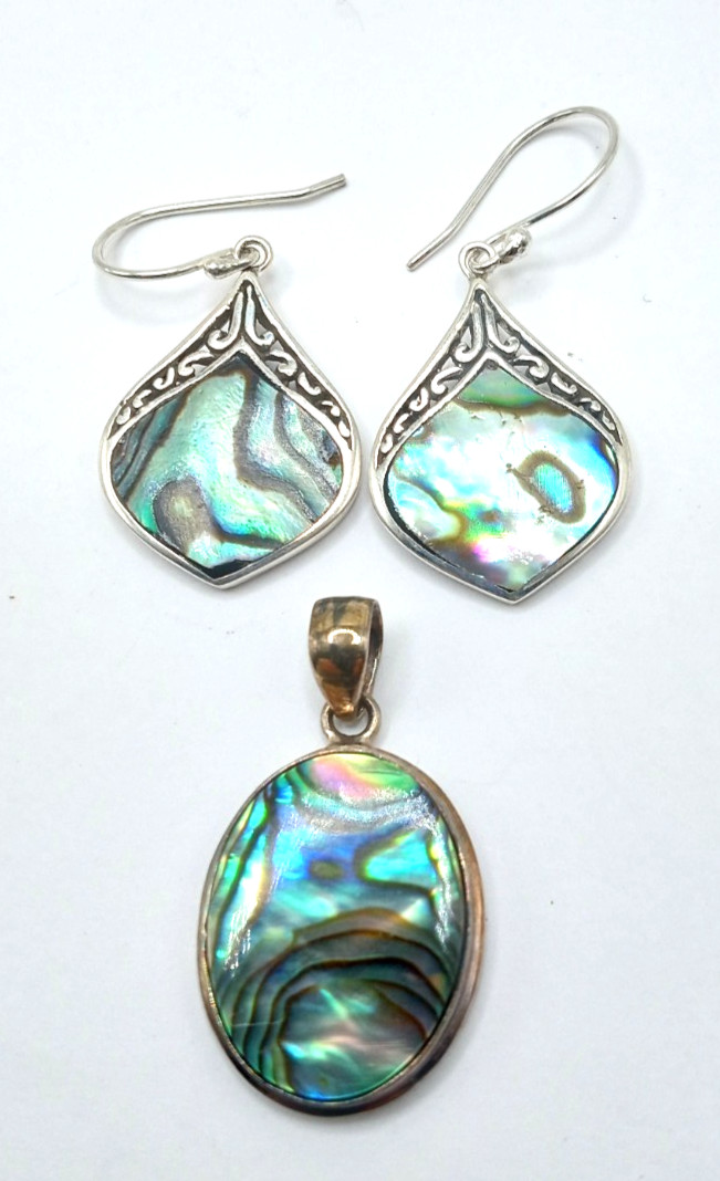 Vtg Sterling Silver Abalone Dangling Pierced Earrings &  Pendant w Bonus Ring
