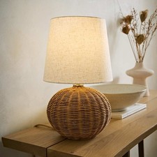 Natural Table Lamp Wicker Base Linen Shade Rope Cable Bedroom Living Room Light