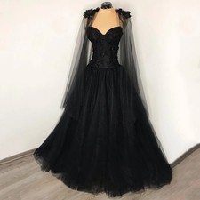 Gothic Wedding Dresses Black Sweetheart Sleeveless Flower Applique Sweep Train