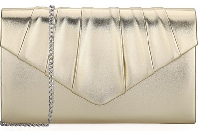 Women Evening Clutch Purse - Shimmering Metallic PU Leather Pleated Flap Enve...
