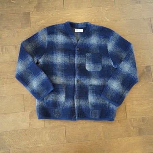 Universal Works Fresno Fleece Cardigan Plaid Wool Cardigan Jacket Navy SZ XXL
