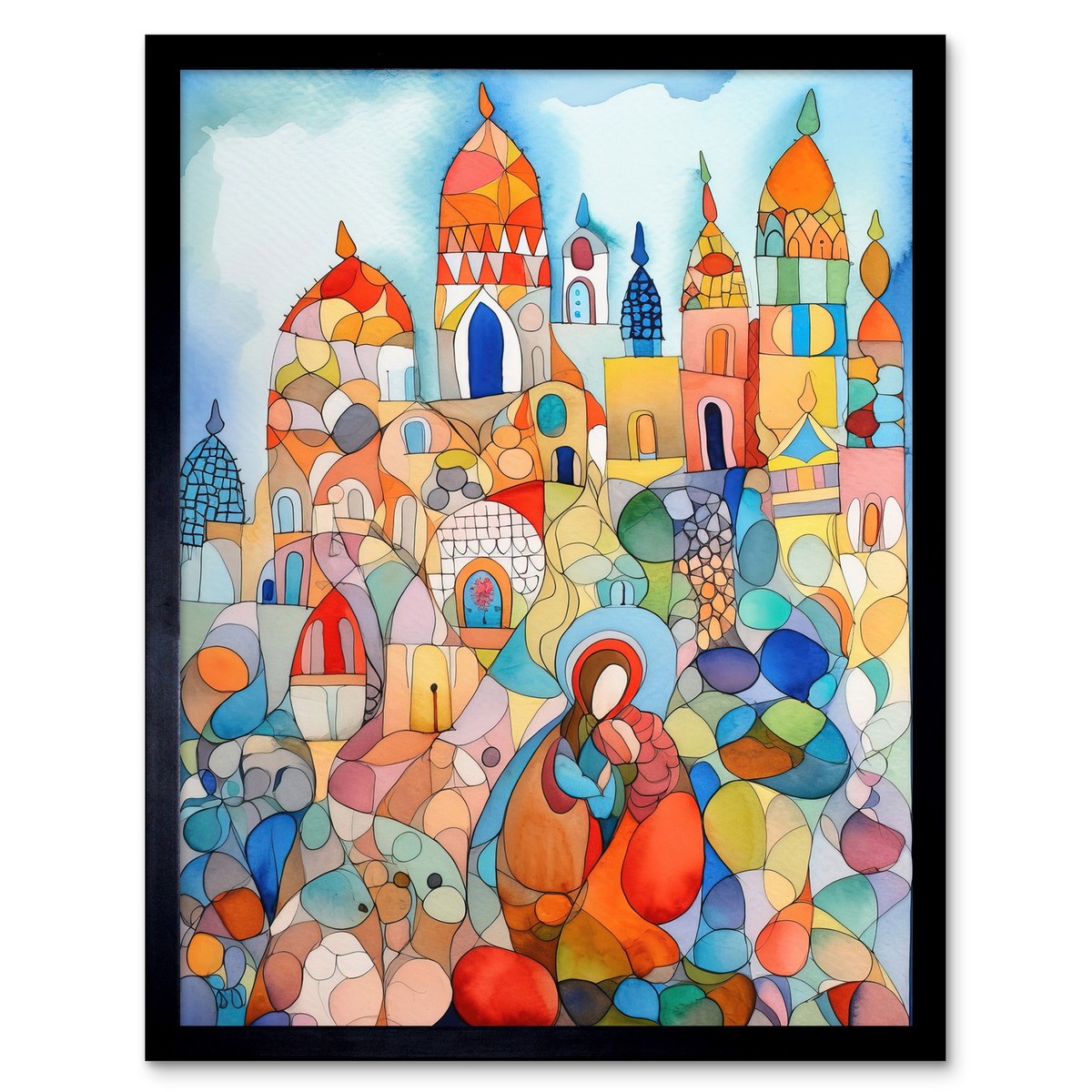 Abstract Moroccan Cityscape Modern Folk Art Framed Wall Art