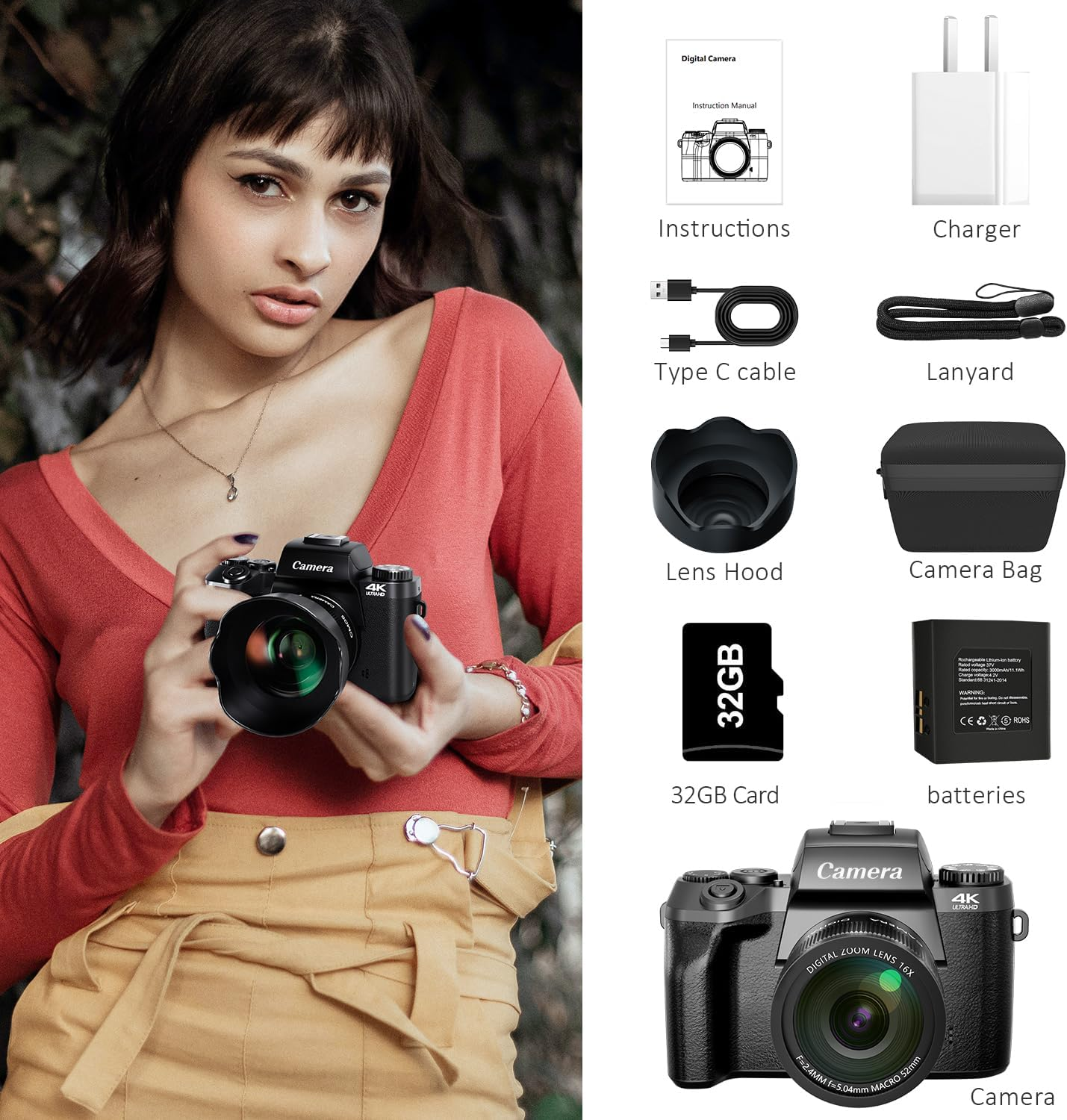 Digital Camera, 4K Cameras for Photography & Video, 64MP Wifi Touch Screen Vl...