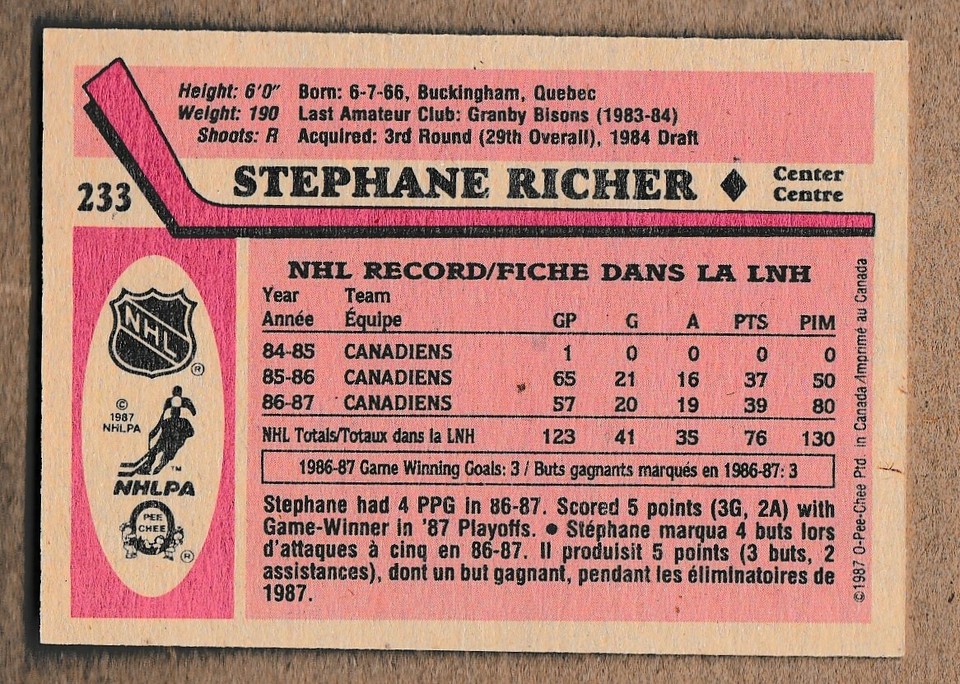 Stephan Richer 1987 OPC rookie hockey card # 233 | eBay