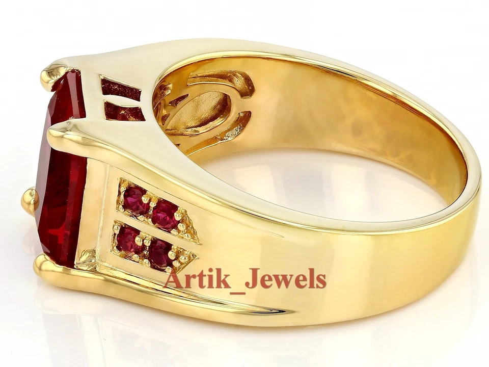 Lab-Geschaffener Rubin Edelstein Mit 14K Vergoldetem Silberring Für Herren #856 - Bild 3 von 4